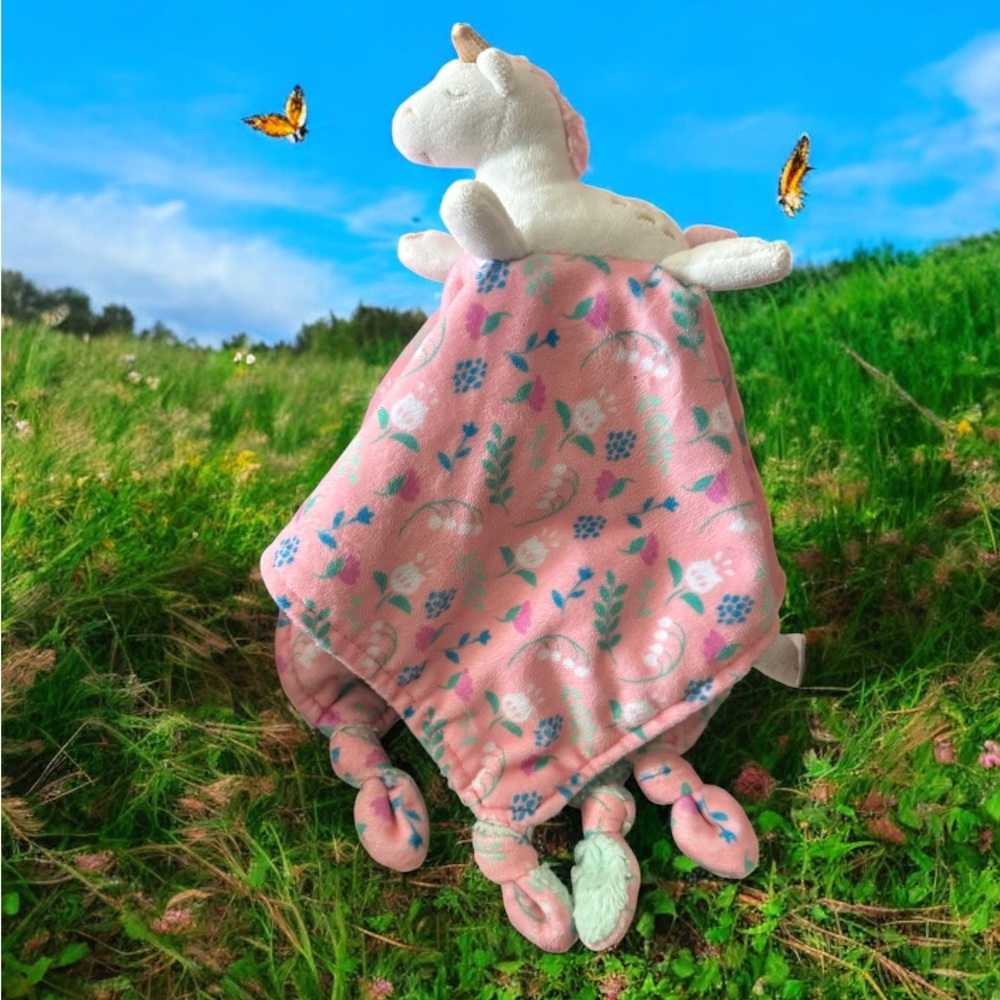 Mary Meyer Peach & Green Unicorn Lovey Security Blanket Soft Plush Knotted